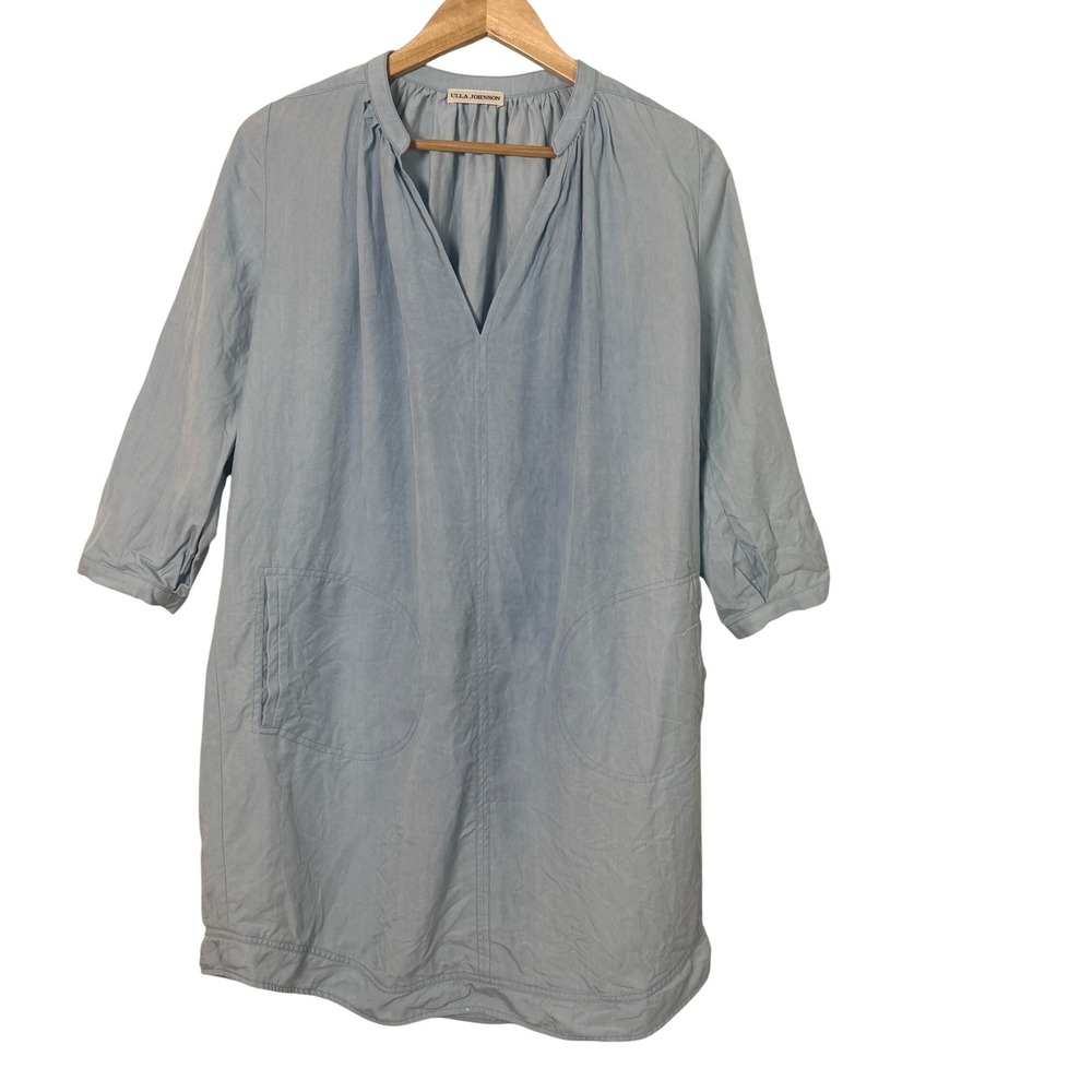Ulla Johnson Shift Dress Womens 6 Blue Good Tencel V-Neck Pockets 3/4 Sleeve